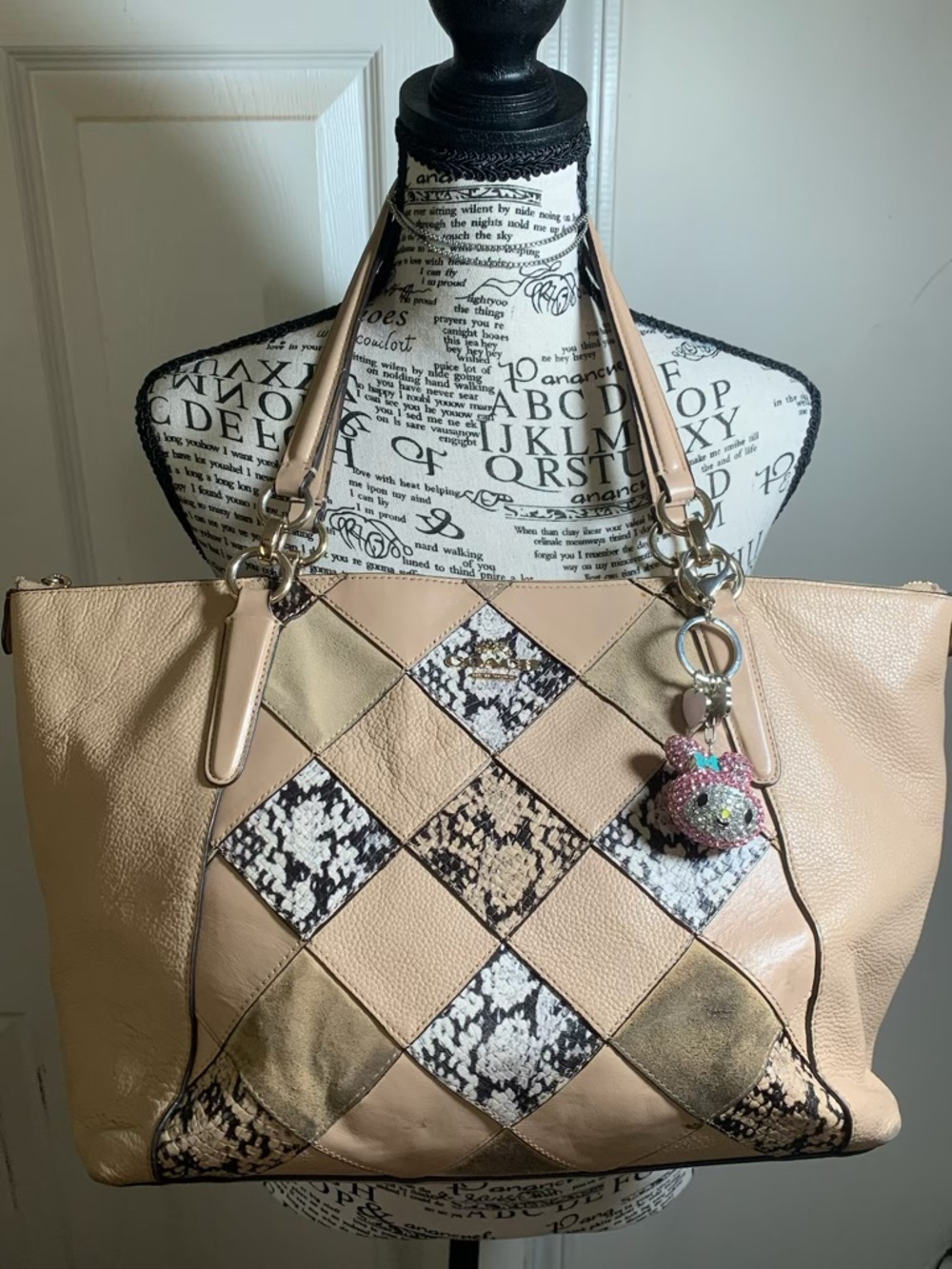 Coach Beige Patchwork Tote with Snake-Print Diamond Panels